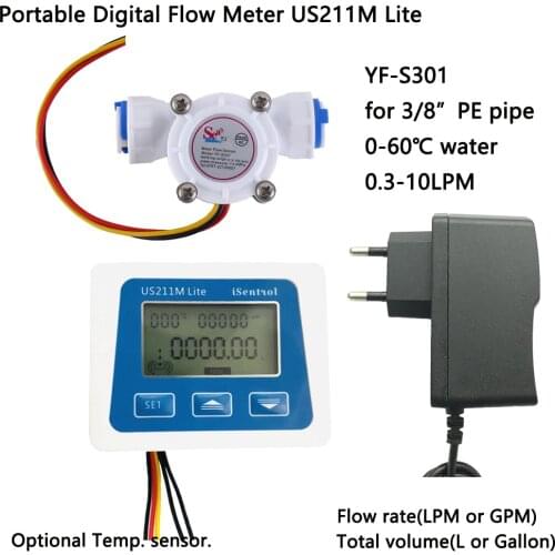 US211M Lite Portable Digital Flowmeter and Turbine Water Flow Sensor Cheap YF-S301 0.3-10LPM Cold Water 60 Degree iSentrol