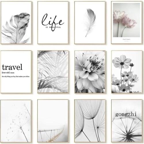 Black and White Travel Posters Flower Feather Dandelion Canvas Painting and Prints Wall Art Pictures Living Room Home Decoration