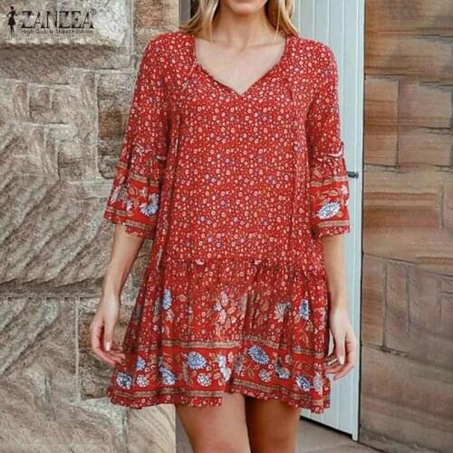 Women Bohemian Printed Mini Dress ZANZEA Oversized Summer Floral Sundress Casual V Neck 3/4 Sleeve Ruffles Holiday Beach Vestido