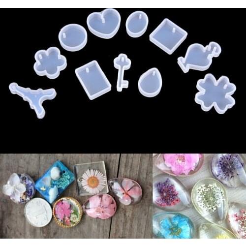 12Pc Key Waterdrop Tower Heart Flower Shapes Silicone Moulds Gem Charm Pendant DIY Molds Jewelry Making Tools With Hanging Hole