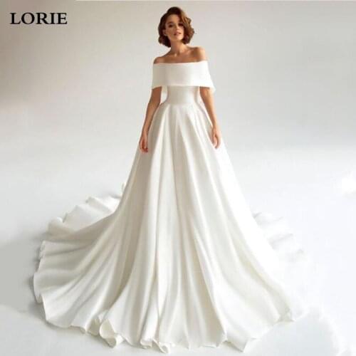 LORIE A Line Wedding Dresses 2021 Soft Satin Bridal Gowns Off The Shoulder Princess Wedding Party Dress With Train