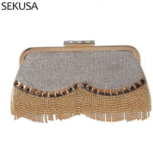 Womens Wedding Clutch Bag Luxury Rhinestone Tassel Handbag Banquet Gold Evening Bag Party Purse Chain Shoulder Bag