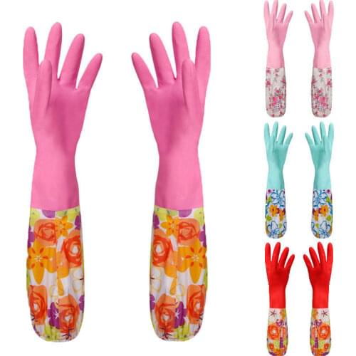 1xPair Velvet Rubber Long Warm Gloves Home Kitchen Dish Winter Washing Cleaning