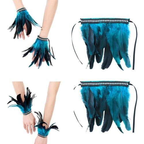 1 Pair of Faux Pearl/Lace Real Natural Dyed Rooster Feather Wrist Cuffs with Ribbon Ties for Costume Party Halloween