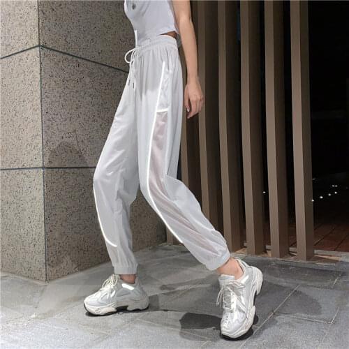 2020 Summer Reflective Sports Women Pants Stitching Stripes High Waist Slim Breathable Casual Long Pants Loose