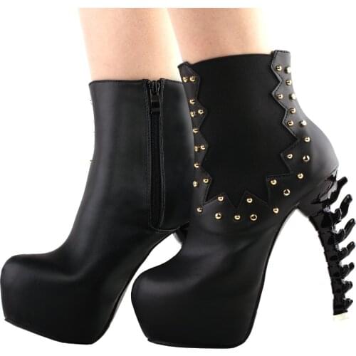 LF80678 SHOW STORY Punk Black Studs High-top Bone Platform Ankle Boots