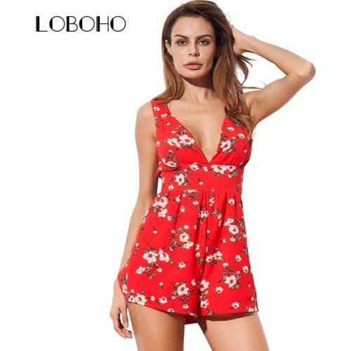 Floral Print Women Rompers Summer 2018 Sleeveless Chiffon Jumpsuit Short Backless Deep V Neck Casual Sexy Romper Womens Playsuit