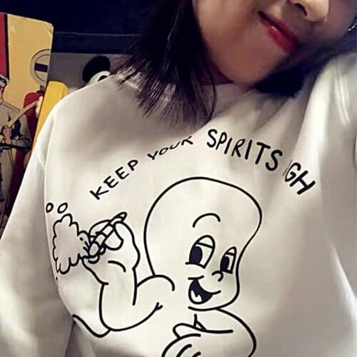 Keep Your Spirits High Cute Cartoon Print Unisex Long Sleeve Graphic Tee White Cotton Aesthetic tshirts Oversized Vintage Shirts