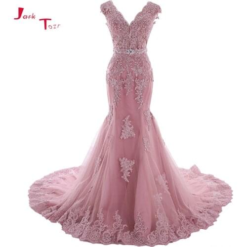 Jark Tozr New Arrive V-neck Lace Up Appliques Beading Crystal Sequins Pink Mermaid Wedding Dress Vestido Noiva Sereia