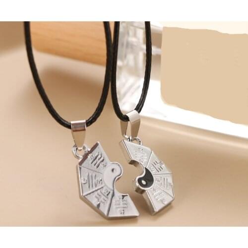 Chinese Style Best Friends Splicing Necklace Taiji Gossip Black White Yin Yang Stainless Steel Pendant Couple Leather Necklace