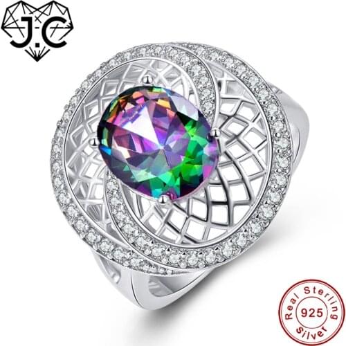 J.C Oval Cut Mystic Fire Rainbow & Tanzanite White Topaz 925 Sterling Silver Ring Size 6 7 8 9 Women Fashion Party Fine Jewelry