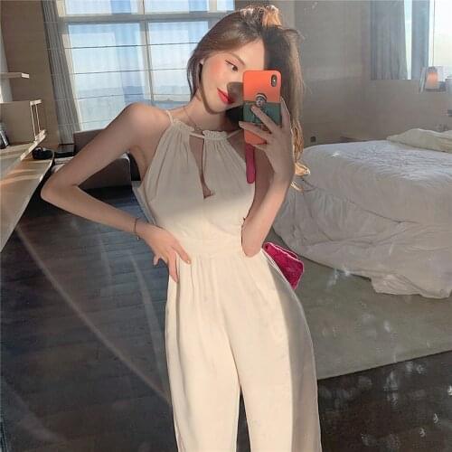 Sexy Halter Sleeveless Jumpsuits&Rompers White Casual Jumpsuits Women Summer Temperament High Waist Loose Straight Hollow Out