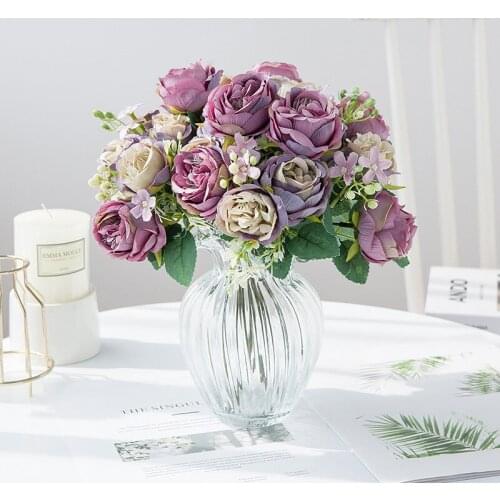 High Quality Silk Faux Roses Artificial Flower Bouquet Wedding Decoration Beautiful Pink Mini Rose Fake Flowers Decor for Home