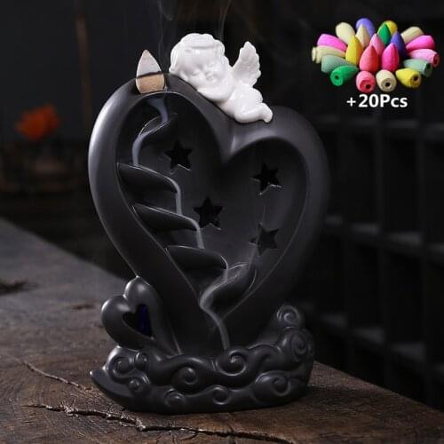 Creative Gift Loving Heart Angel Home Office Decor Ceramic Artwork Backflow Incense Burner Handicraft Incense Stick Holder