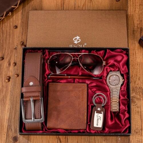 XSVO Luxury Rhinestone Quartz Men Business Watches Gift Set Glasses+Belt+Wallet+Keychain+Large Dial Quartz Watch+Pen Male