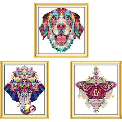 Colorful Elephant Hound Butterfly Counted Cross Stitch Embroidery Needlework Kit Pattern 11CT 14CT Stamped Thread Decoration Set