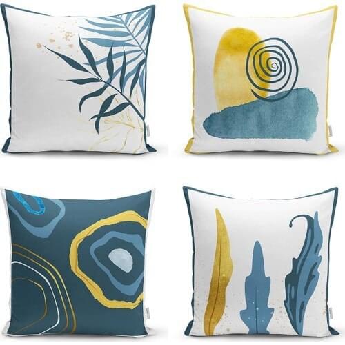 Set of 4 Modern Pillow Cushion Cover with Gold Detailed Leaf on Colorful Background 43x43 CM
