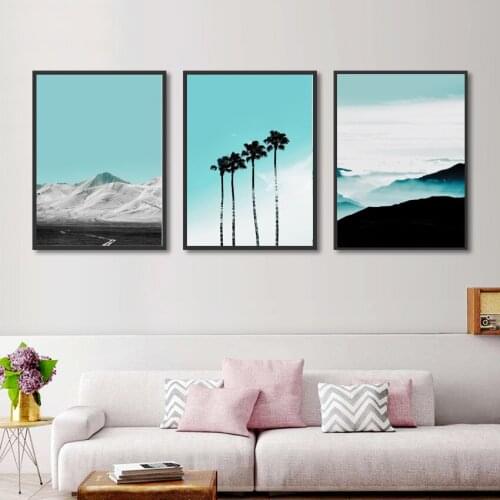 Nordic Art Wall Poster Modern Abstract Minimalist Blue Sky Snow Mountain and Coconut Tree Canvas Painting Home Decoration Mural
