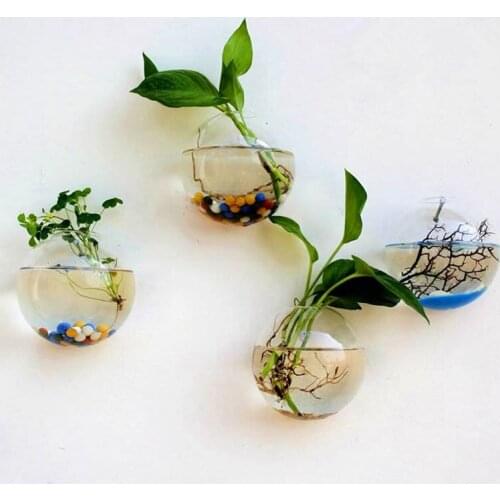 Wall-Mounted Glass Flower Pot Transparent Globe Shape Hanging Wall Vase Planter Home Decoration