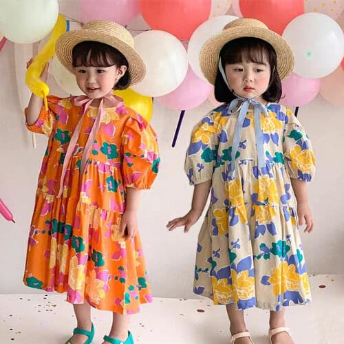 Girls Dress Kids Clothes Princess Flower Print Child Dresses Short Sleeve Sundress Cotton 2021 Summer Clothing Casual A-line