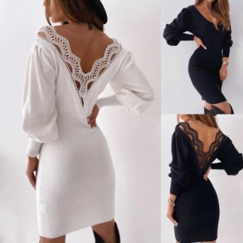 Sexy Women Autumn Pencil Dress Hollow Out Design Lace Decor See Through V-Neck Lantern Long Sleeve Solid Slim Hips Mini Dress