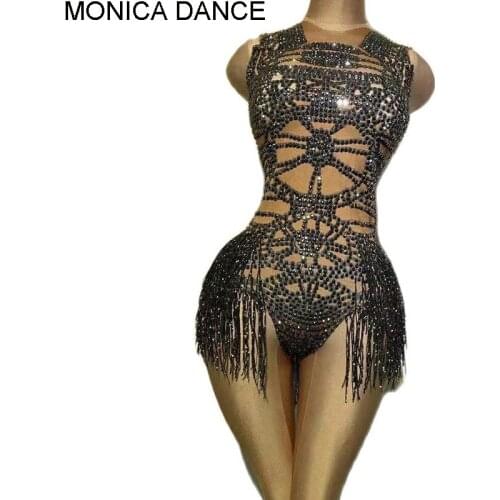 Sexy Stage Crystal Tassel Nude Dancer Bodysuit Women Sleeveless Elastic Rhinestone Leotard Nightclub Birthday Dance Outfits