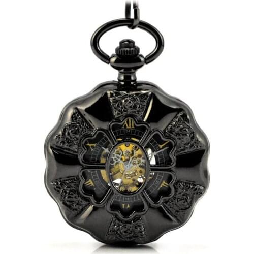 Steampunk Skeleton Black Automatic Mechanical Pocket Watch Men Vintage Hand Wind Clock Necklace Pocket & Fob Watches With Chain