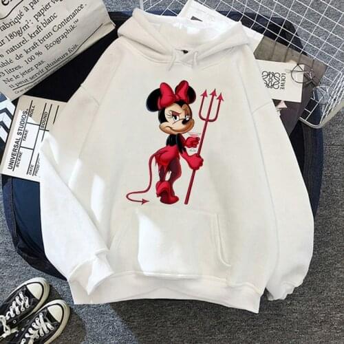 Hoodies Mickey Evil Minnie Mouse Kawaii Clothes Disney Women Cartoon Pullover Funny Autumn Winter Plus Velvet Femme Sweatshirt