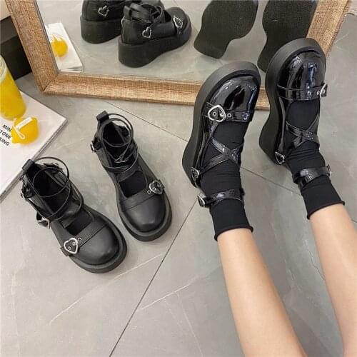 Low heel women Harajuku Big Head Doll Shoes Muffin Platform Pumps Lolita Shoes Black Gothic Female Girl Shoes Vintage Retro Shoe