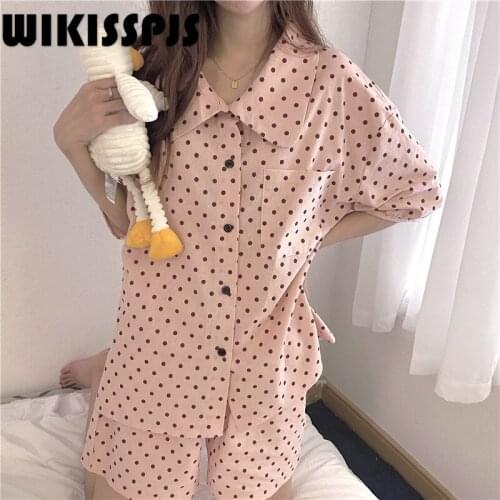 WIKISSPJS Lovely Wave Point Pajamas Korean Version Two Piece Fresh Home Clothes Suit Cute Pijamas Women Two Piece Set Summer