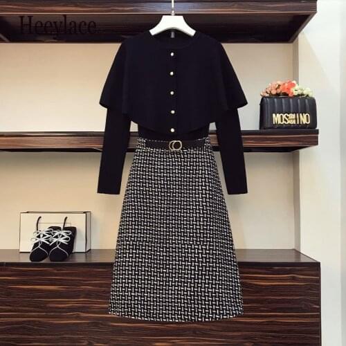 Plus Size Autumn Winter Two Piece Set Tracksuit Female Elegant Knitted Sweater + High Waist A-line Skirt Ladies Outfits Suit
