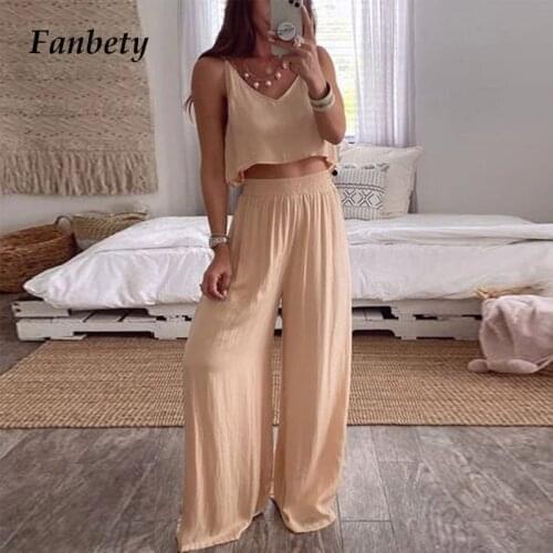 Women Sexy Sleeveless Backless Homewear Two Piece Set Summer Fashion Elegant Straps Top And Wide Leg Pants Suit Outfit Homewears