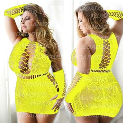 Women Sexy Fishnet Bodystocking Lingerie Babydoll Dress Underwear Chemises Cosplay Teddies Bodysuits+ Gloves Nightwear Plus Size