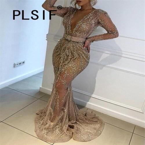 Deep V Neck Long Sleeve Flash Chip Skinny Long Dress Sexy Tight Club Party Lady Fashion Sheath Dress