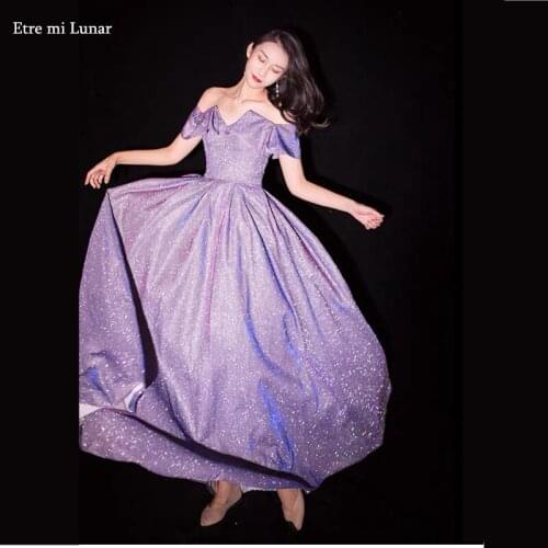 Robe De Soiree Purple Spaghetti Sequins Shiny Evening Party Dress 2020 A line V neck Off Shoulder Evening Dress Woman LE40802