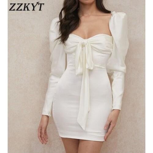 ZZKYT 2021 Women Summer Fashion Solid Bow Tie Mini Dress Vintage Square Collar Long Sleeve Female Party Dresses Vestidos Mujer
