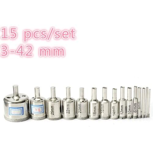 15 pcs/set Coated Diamond Drill Bit Set Ceramic Core Hole Saw Drilling Bits For Tile Marble Glass Opening Power Tools 3-42 mm
