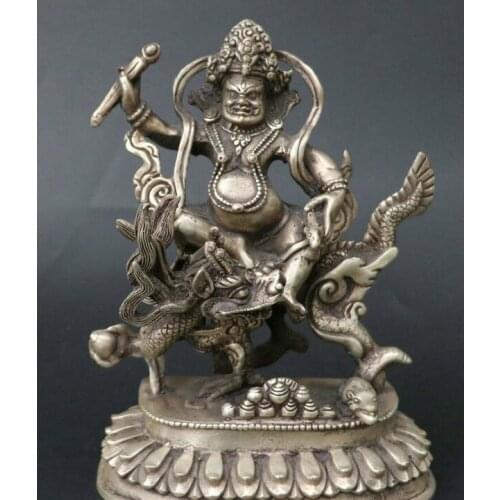 7" Tibet Miao Silver Yellow Jambhala Wealth God Mouse Ride Dragon Beast Statue