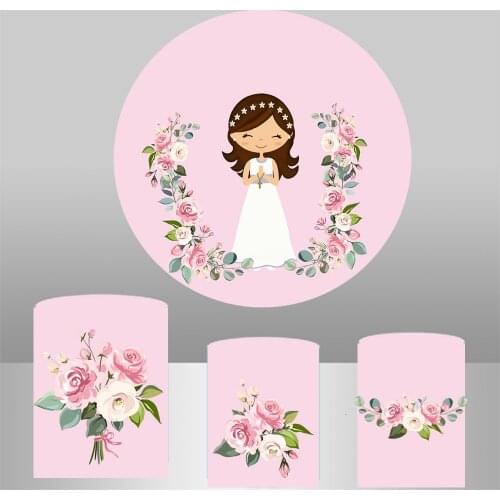 Girl baptism round backdrop pink flower baby shower circle background first communion party decoration table plinth cover YY-402