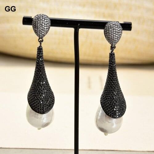 GuaiGuai Jewelry 16x25MM White Sea Shell Pearl Black CZ Pave Gunmetal Stud Earrings