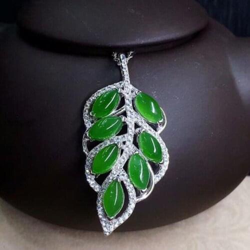 Natural Green Jasper Leaf Shape 925 Silver Inlay Pendant with Free Chain for Women Jewelry Jade Necklace