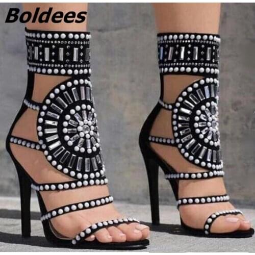 Summer White Rivets Studded High Heel Sandal for Women Cut-out Crystal Embellished Gladiator Sandals Sexy Shoes
