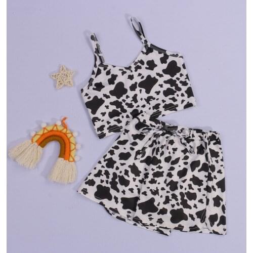 FOCUSNORM 1-8Y Summer Fashion Kids Girls Clothes Sets 2pcs Cow Pattern Printed Strap Sleeveless Vest Shorts
