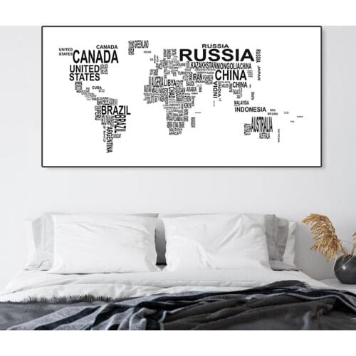 Minimalist Black and White World Map Canvas Painting Letters Art Posters Prints Large Wall Pictures for Living Room Home Decor