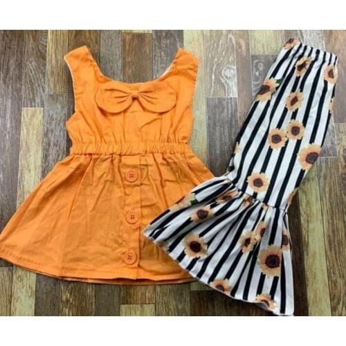 Popular Kids Summer Clothes Girls cottonlinen bow-top top striped sunflower flared trouser set