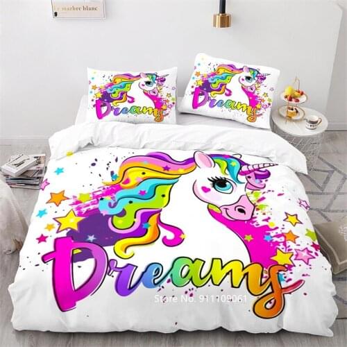 Cute Cartoon Rainbow Horse Unicorn Home Bedding Children Girls Room Soft Sheets Comfortable Down Quilt Covers and Pillowcases