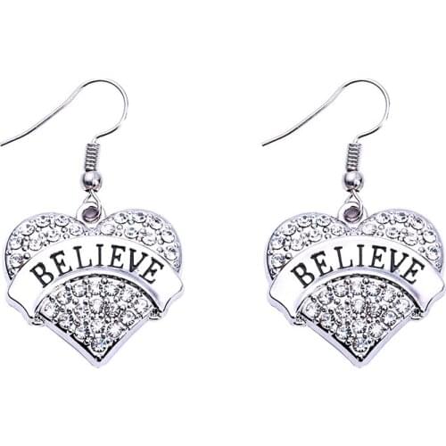Drop Shipping Best Selling fashion rhodium plated earring with sparkling crystals BELIEVE heart pendant