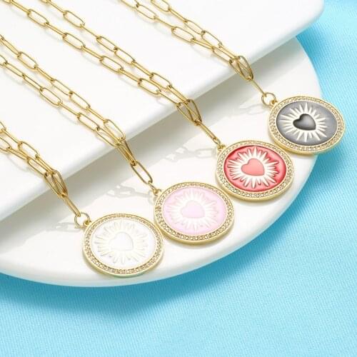 QMHJE Enamel Heart Shining Charm CZ Pendant Necklace Women Choker Gold Color Link Chain Thick Neon Yellow Necklaces Anniversary