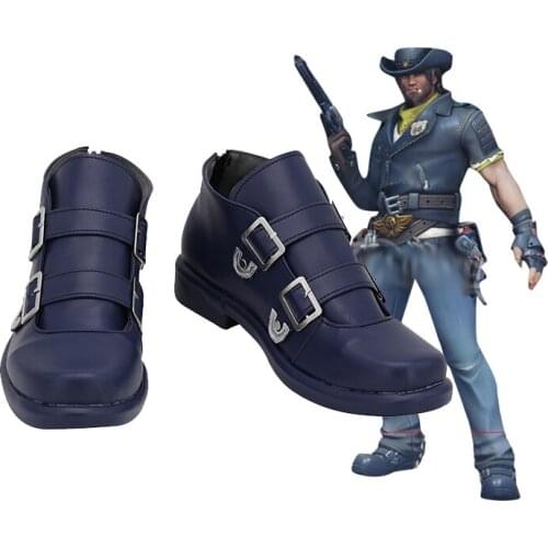 Game OW Jesse Mccree Cosplay Boots Blue Leather Shoes Custom Made Any Size