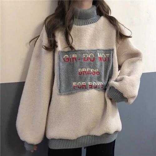Lamb Wool Sweatshirt Womens Autumn Winter 2021 New Korean Version Loose Thickening Japanese High Collar Pullover Top Tide
